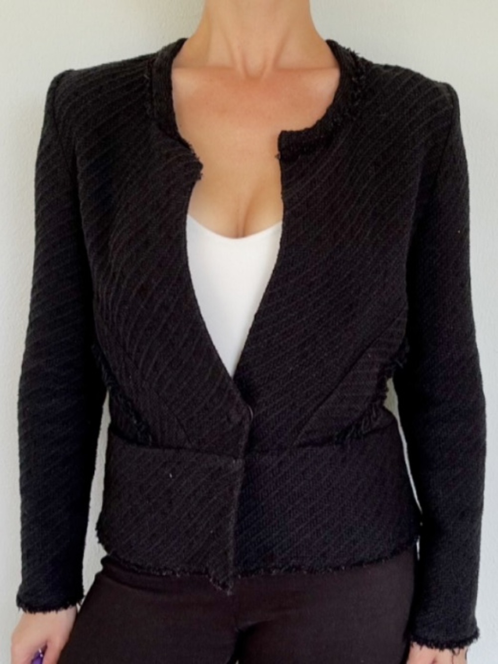 IRO Harper black frayed bouclé tweed collarless blazer jacket size 38